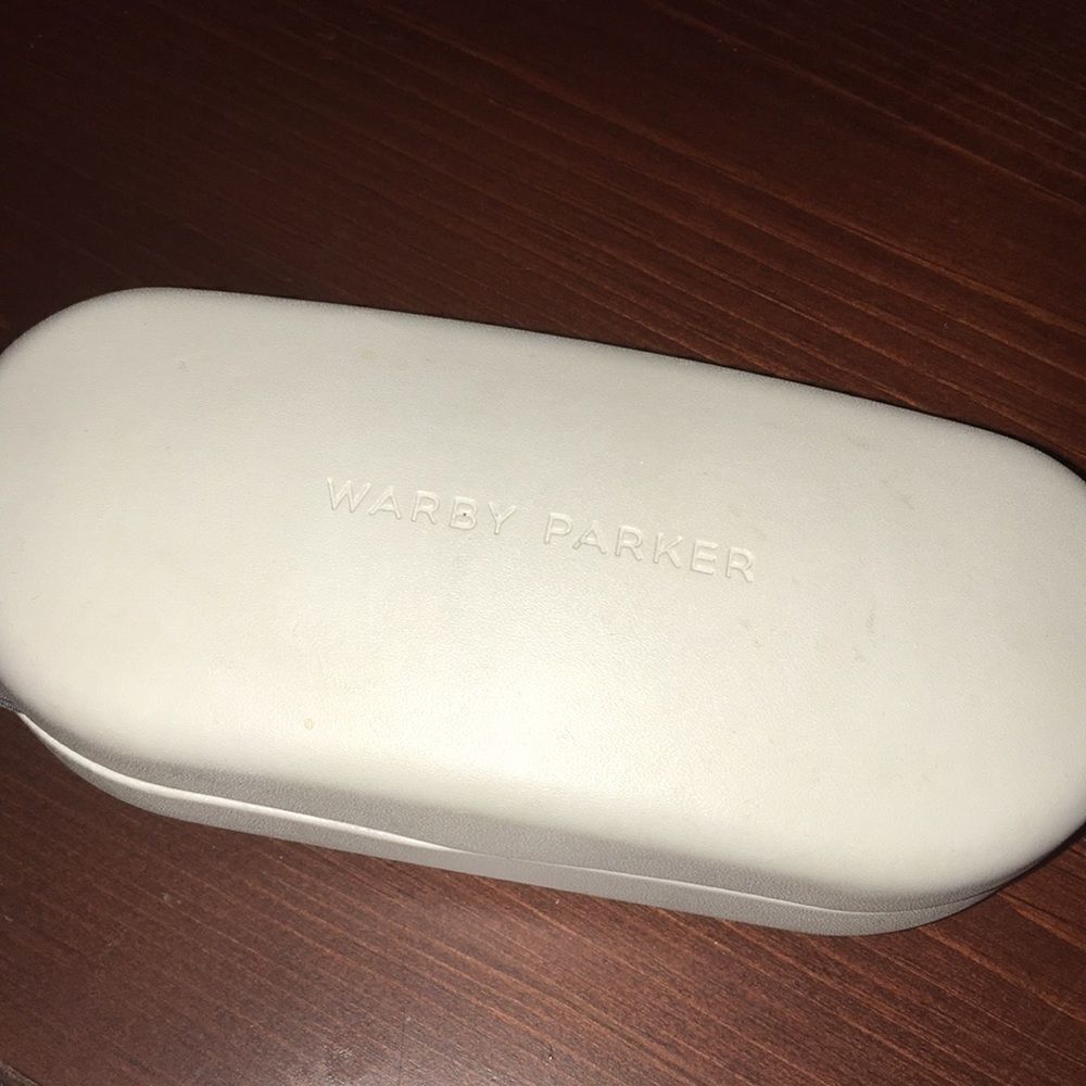 Warby Parker thick white sunglasses clamshell big eyeglass case